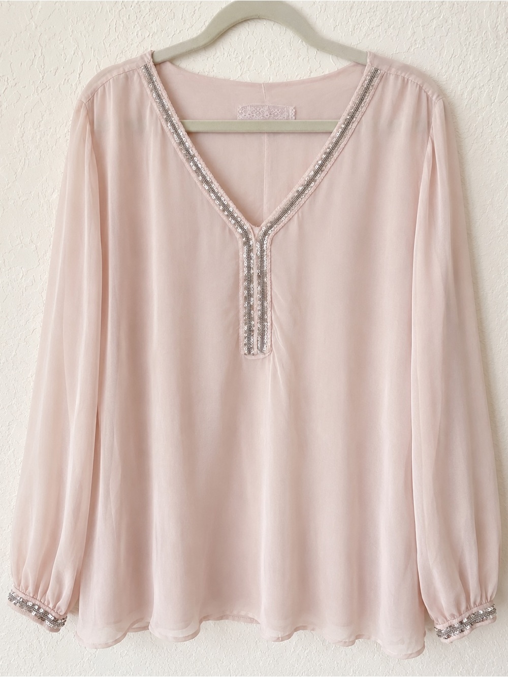 Sheer Embellished V-Neck Blouse - Blush